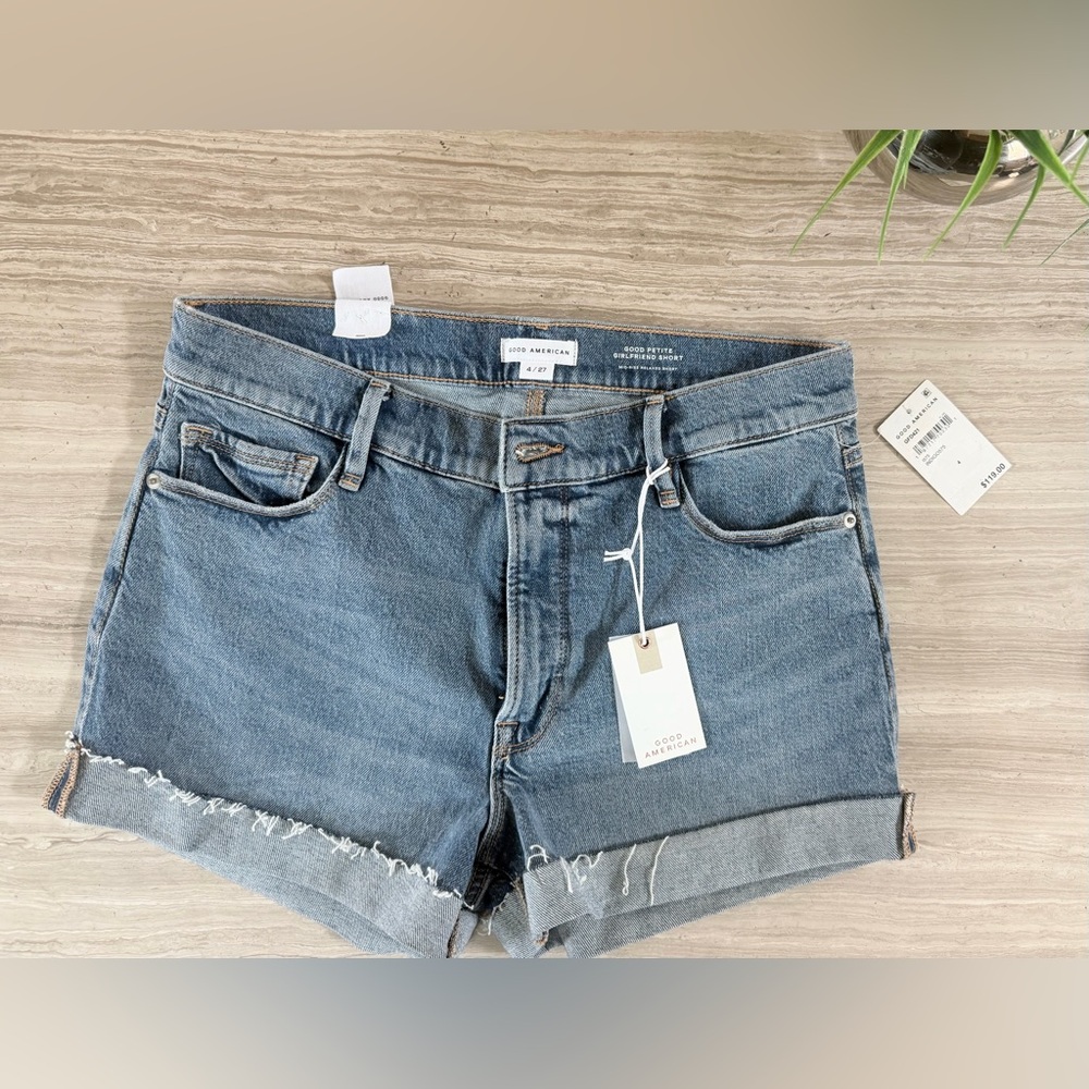 Good American Medium Blue Denim High-Rise Rolled Hem Shorts